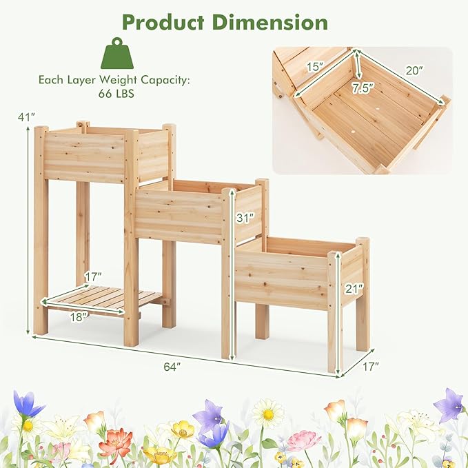 COSTWAY Raised Garden Bed 3-Tier Wooden Elevated Planter Stand with Open Shelf &amp Drainage Holes Outdoor Garden Bed Planting Boxes for Vegetables Fruits Flowers Herbs Natural