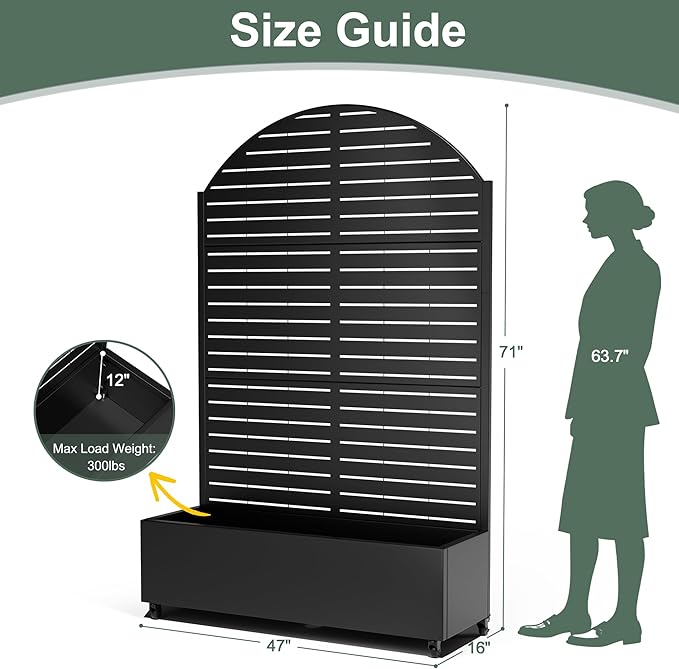 Metal Planter Box with Trellis for Climbing Plants Vegetables Raised Garden Beds with Privacy Screen &amp Wheels Standing Flower Box with Drainage Holes (47 L Black Arch)