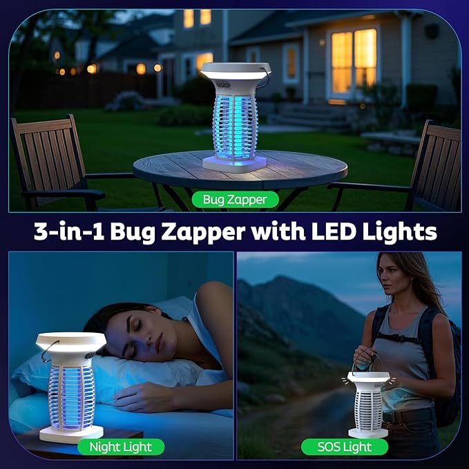 Solar Bug Zapper Outdoor Mosquito Zapper Outdoor Waterproof Electric Fly Zapper Rechargeable Mosquito Killer with Solar Panel 4200V Fly Trap Indoor for Home Backyard Patio Garden Camping