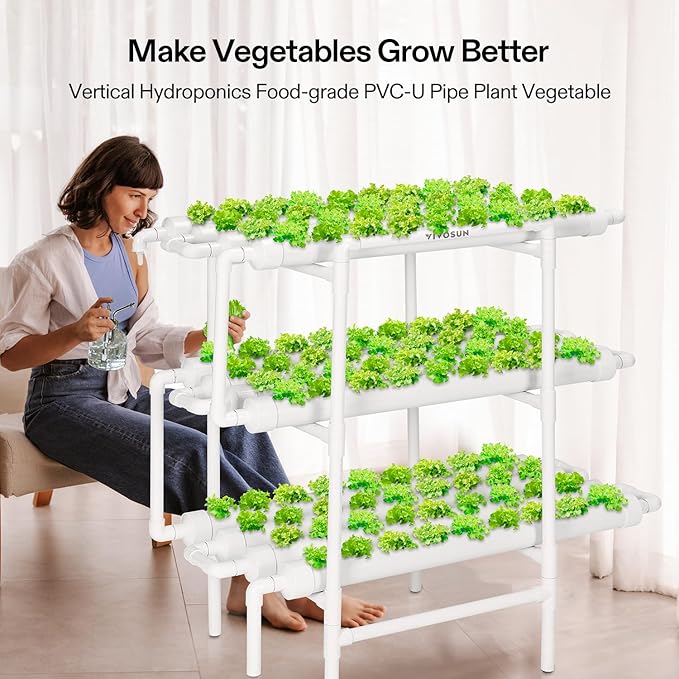 VIVOSUN Hydroponics Growing System 108 Plant Sites 3 Layers 12 Food-Grade PVC-U Pipes Gardening System Grow Kit with Water Pump Timer Nest Basket and Sponge for Leafy Vegetables