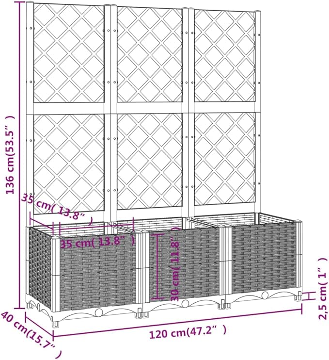 Large Garden Planter with Trellis Black Polypropylene Rectangular Outdoor Planter Box for Climbing Plants UV Resistant 47.2 x 15.7 x 53.5 Inch