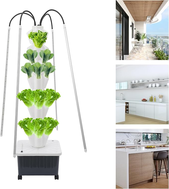Hydroponic Vertical Growing System w/Grow LED Light 40 Pods Indoor Gardening System w/Water Circulation Hydronic Garden Tower Plants Germination Kit for Fruits Vegetables Herbs
