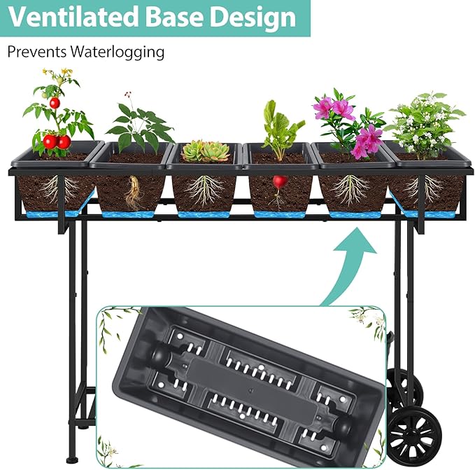 YBING Raised Garden Bed with Wheels Outdoor Elevated Planter Box Stand 6 Pocket Raised Flower Bed with Legs and Storage Shelf Herb Garden Planter for Patio 30 Tall Dark Grey