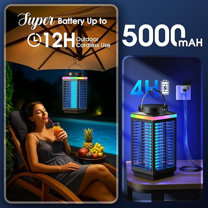 Bug Zapper Outdoor 4-in-1 4200V Electric Mosquito Zapper Cordless Rechargeable Bug Zapper Fly Zapper with 5000mAH Battery Waterproof IP68 Portable &amp Wireless Insect Zapper for Camping Patio
