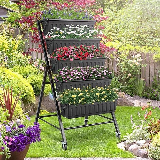 SEJOV 4FT Vertical Raised Garden Bed 5-Tier Vertical Garden Planter with Drainage System Larger Elevated Planter Box for Herb Vegetables Flowers Indoor Outdoor Planters (Black with Lockable Wheels)