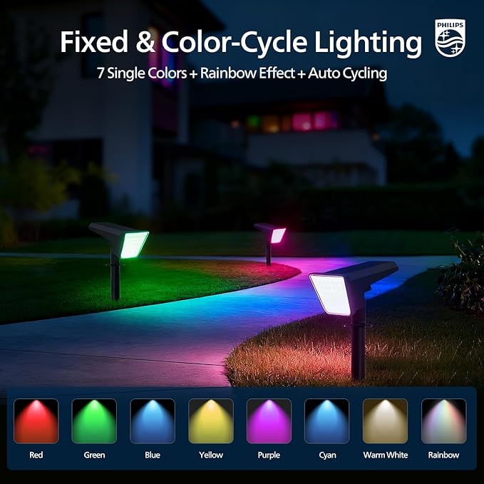Philips 4 Packs Solar RGBW Spot Lights Outdoor 18 LED Solar Powered Landscape Lights 9 Lighting Modes Color-Changing Dusk to Dawn Waterproof Pathway Spotlights for Garden Trees Halloween Christmas