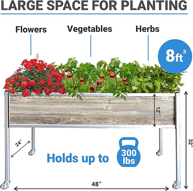 Foreman Raised Garden Bed on Wheels – Weather-Resistant Raised Garden Bed (48 x 24 x 32) with Drainage Ideal Raised Garden Bed for Vegetables &amp Flowers – 300 lb Capacity Amaretto Wood Grain
