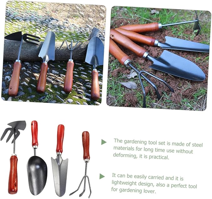 4pcs Mini Garden Tool Set with Small Garden Shovel Narrow Spade Dual-use Hoe and Rake and Soil Scoop – Handheld Gardening Tools for Planting Weeding and Soil Cultivation
