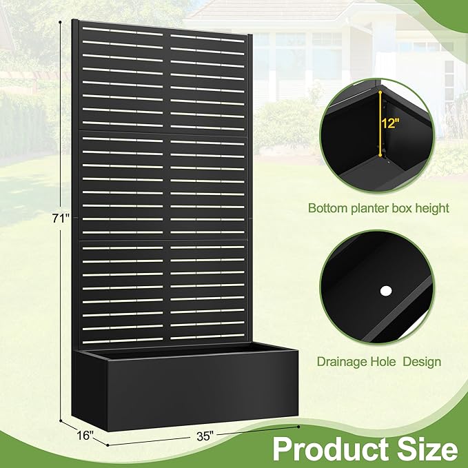 Trellis for Climbing Plants OutdoorMental Garden Bed with Drainage Holes Outdoor Privacy Screen Design Tall planters for herb Flower Vegetables 73x35x16 Black-Louvered