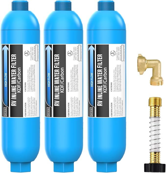 Lifefilter RV Inline Water Filter with Solid Brass 90 Degree Hose Elbow Eliminates Stress and Strain On RV Water Intake Hose Fittings(3 Pack)