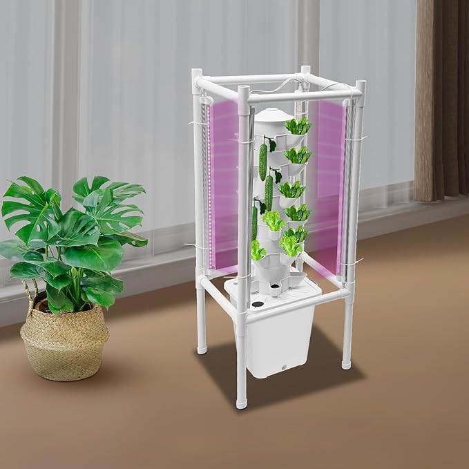 Bacocoo Hydroponic Vertical Growing System with LED Lights &amp Stand 6-Tier 30 Pods Indoor Garden Kit 10L Water Tank Auto Water Pump for Vegetables Strawberries Food-Grade PP Material. (White)