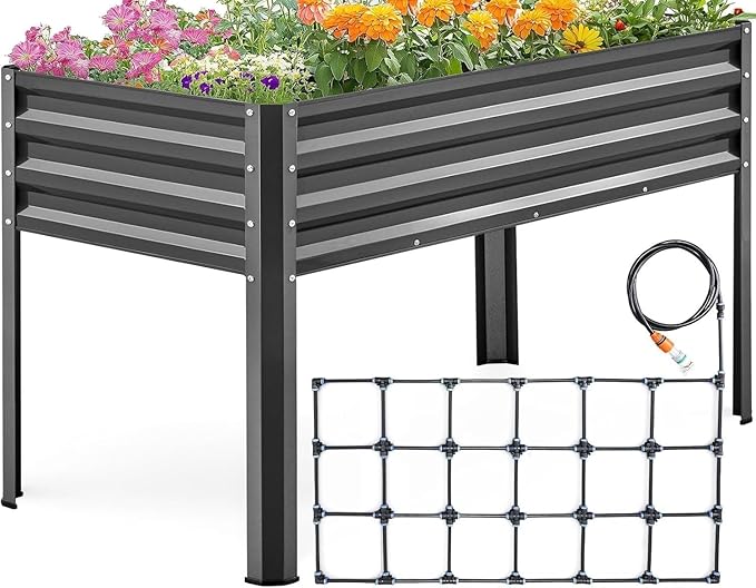 KING BIRD Raised Garden Bed with Irrigation System and Legs Galvanized Elevated Planter Box 48×24×31.5 in for Backyard Patio Balcony 400lb Capacity Dark Grey