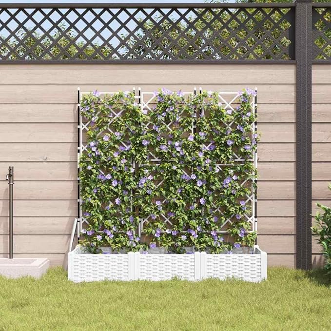 White PP Garden Planter with Trellis 3 Pcs Set 120 x 40 x 125.5 cm UV Resistant Raised Garden Bed for Outdoor Plants Gardening