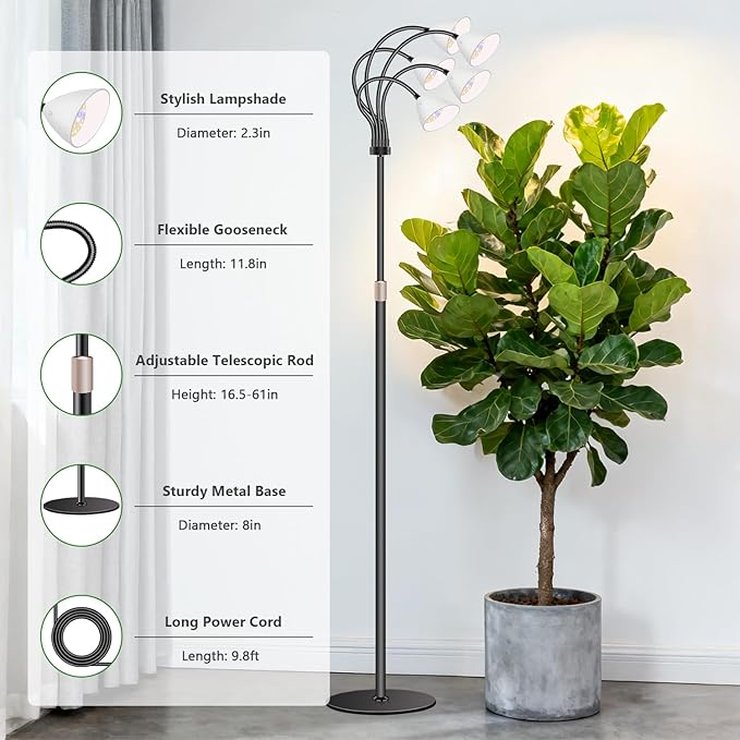 Wolezek Grow Lights for Indoor Plants Full Spectrum with Stand 5-Head 120 LEDs Floor Plant Grow Lamp for Large Plants Auto ON/Off Timer 6/12/16H 5 Dimmable Levels Adjustable Height 16.5-61