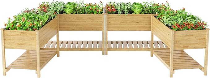 Kullavik 4 pcs Raised Garden Bed with LegsOutdoor Elevated Cedar Wood Planter Box with Storage Shelf for Vegetables/Flowers/Herbs in Balcony/Backyard/Patio220lb Capacity-Natural