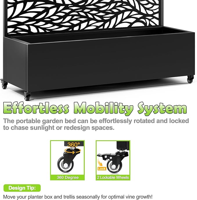 15.7×70.9×47.2 Metal Raised Garden Bed with Trellis and Wheels - Tall Trellis Planter Box for Climbing Plants Vegetables &amp Vines - Outdoor Privacy Planters for Patio (Black-Spring)