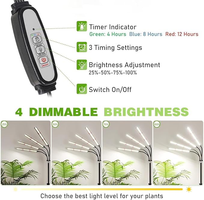 FOXGARDEN Grow Lights for Indoor Plants Full Spectrum with Tripod Stand Tall Grow Lights for Indoor Growing with Flexible Gooseneck Four-Head Plant Light with 4/8/12H Timer &amp 4 Brightness Levels