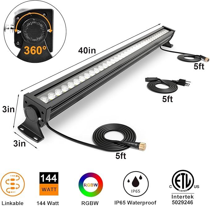 Linkable LED Wall Washer Light with RF Remote 144W Waterproof RGBW(RGB+5700K) Linear Light Bar 120V 40 Color Changing Wall Washing Lights for Church Casino and Theme Parks - FCC and ETL Certified