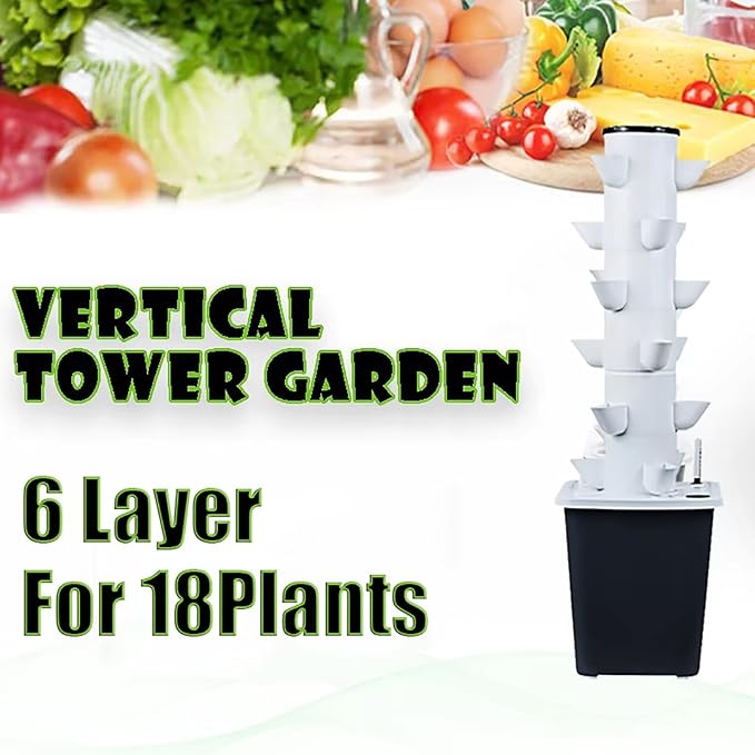 18 Pods Hydroponic Tower Garden Growing System 6 Tiers Beginner Kit with Water Pump and Timer Smart Vertical Garden Planter for Vegetables Fruits Lettuce Salad
