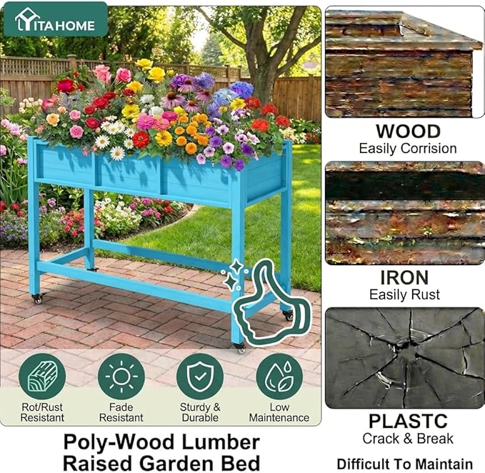 YITAHOME Raised Garden Bed HDPE 47x18x31In Raised Flower Bed Poly-Wood Weather-Resistant Elevated Planter Box with Lockable Wheels for Vegetables Aruba Blue
