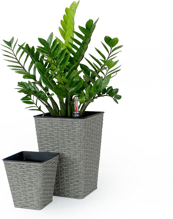 2 Pack Smart Self Watering Square Planter for Indoor and Outdoor Hand Woven Wicker Gray