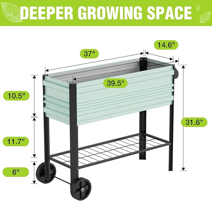 WORKPRO Galvanized Raised Garden Bed with Legs &amp Wheels 37x14.6x31.6in 400LB Capacity Elevated Planter Box for Garden Backyard Patio &amp Deck Light Green