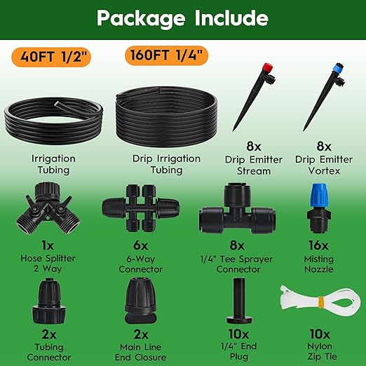 200FT Quick-Connect Drip Irrigation System Automatic Irrigation Kit with 2/5 &amp 1/4 Tubing and Adjustable Drip Emitters Garden Watering System for Lawn Flower Bed Greenhouse