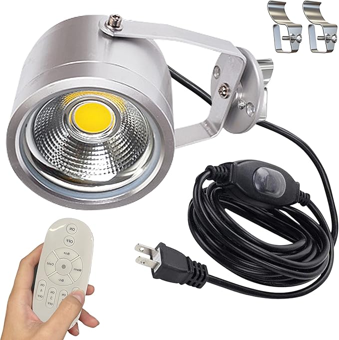 Kiven LED Indoor/Outdoor Waterproof Spotlight Dimmable Porch Light with 9.84 FT Plug-in Cord and Remote Control 7 Watts White Plug in Accent Light with Vinly Siding Hooks for Plants Porch Garden