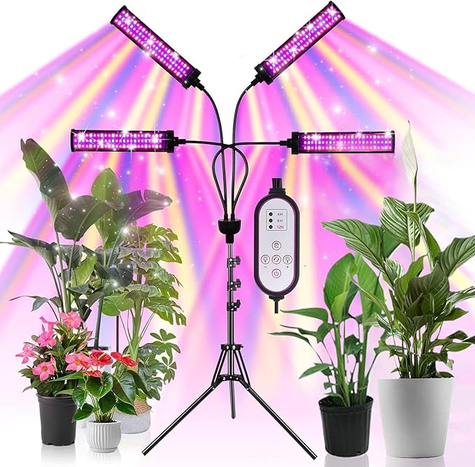 LED Grow Lights for Indoor Plants 432 LEDs Red Blue White Full Spectrum Plant Lights for Indoor Growing with 15-63 inches Adjustable Tripod Stand 4 Heads Grow Lamp with 4/8/12H Auto On/Off Timer