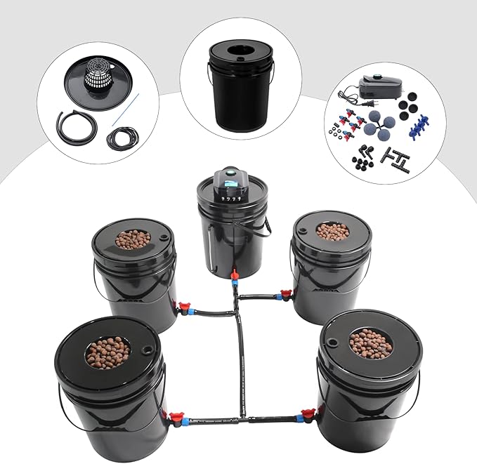 DWC Hydroponics Grow System 5 Gallon Deep Water Culture Hydroponic Bubbler Bucket Kit with Air Pump for Growing Fruits Crops Vegetables