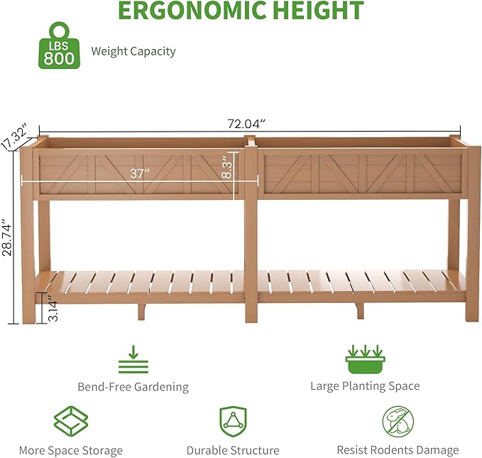 HIPS Elevated Raised Garden Bed with Legs72L x 17.3W x 28.7H Large Outdoor Planter Box with Storage RackAll-Weather Raised Bed Planters with 6 Hooks &amp 2 Non-Woven Liner for Vegetables Flower