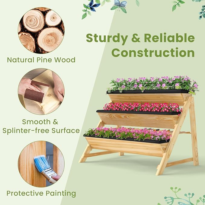 3-Tier Raised Garden Bed Vertical Garden Planter w/Storage Shelf Bed Liner &amp 2 Side Hooks Wood Elevated Planter Box Outdoor for Plants Vegetables Flowers HerbsNatural (46 x 29 x 31.5)