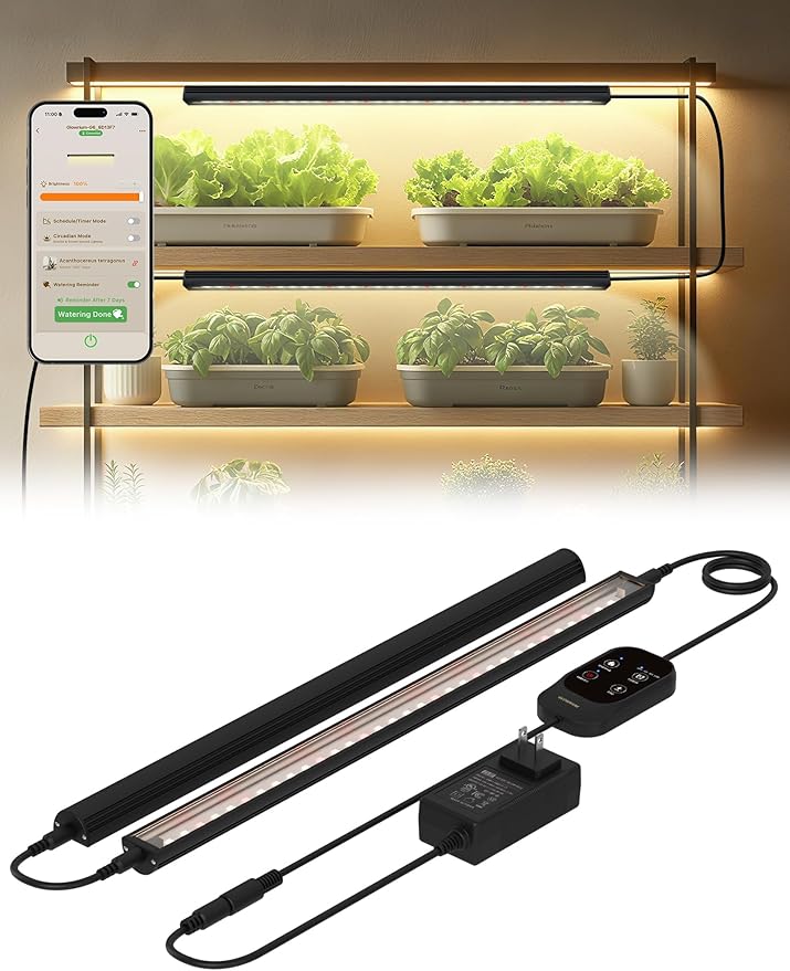 Smart Grow Light for Indoor Plants3500K Full Spectrum LED Plant Light Strips with 3/9/12H Auto TimerStepless DimmingModular DesignPlug and Play (Black 2 Pack 16W)