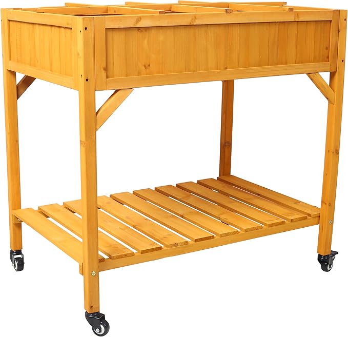W/Lockable Wheels 8 Pocket Herb Garden Bed Wooden Frame Mobile Raised Customizable Storage Shelf Drainage Holesfor Planter Herbs Vegetables Flowers