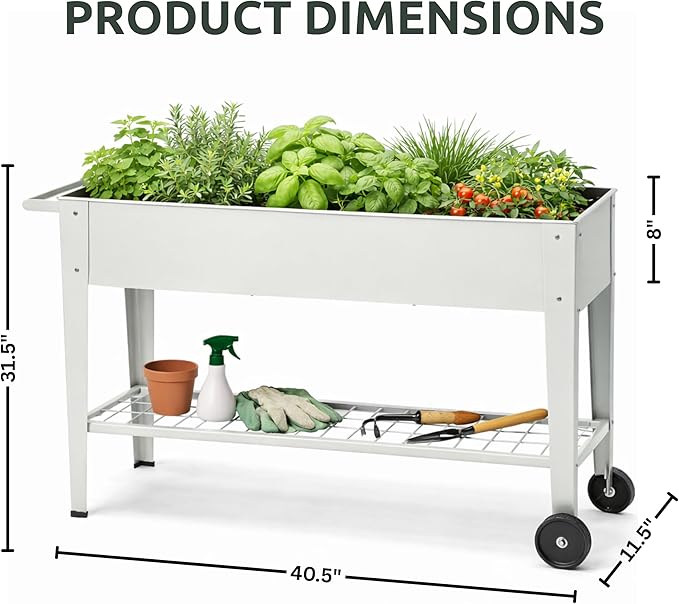 InSideOut Elevated 40 Raised Garden Bed Outdoor with Wheels &amp Shelf for Mobility Metal Planter Box for Vegetables/Herbs Patio-Balcony-Backyard (White)