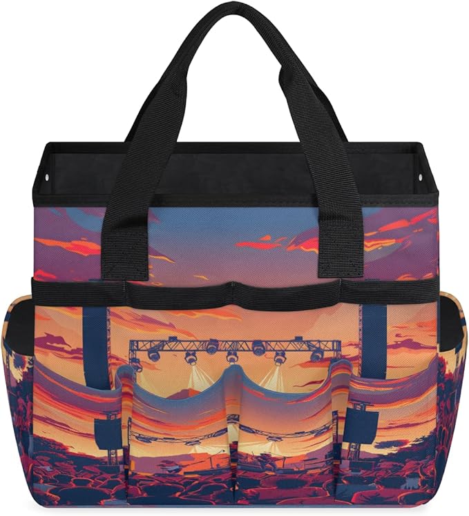 Sunset Music Festival Pattern Garden Tool Bag for Women Men Garden Storage Tote Bag with 10 Pockets &amp Handle Gardening Tool Organizer for Garden Patio Indoor Outdoor