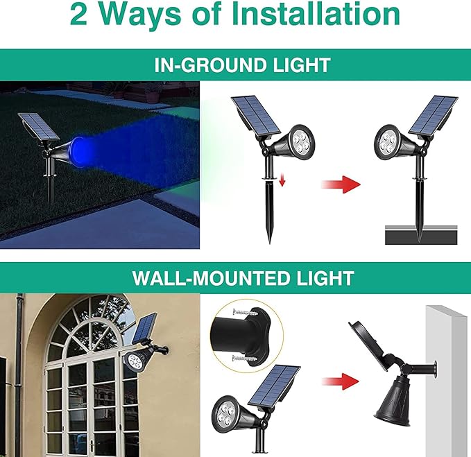 T-SUNUS Blue Spotlight 6 Pack IP65 Waterproof Solar Lights Auto-on/Off Security Landscape Light 180° Angle Adjustable Wall Light for TreePatioYardGardenDrivewayPool Area