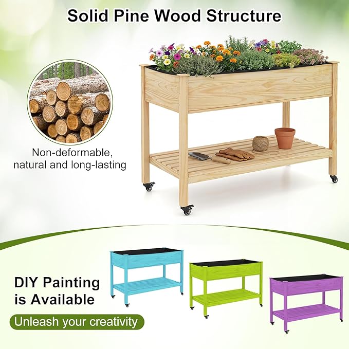 COSTWAY Pine Wood Raised Garden Bed 47 x 23 x 33 Elevated Planter Box with Storage Shelf Lockable Wheels Liner Drainage for Vegetables Flowers Herbs Yard Balcony