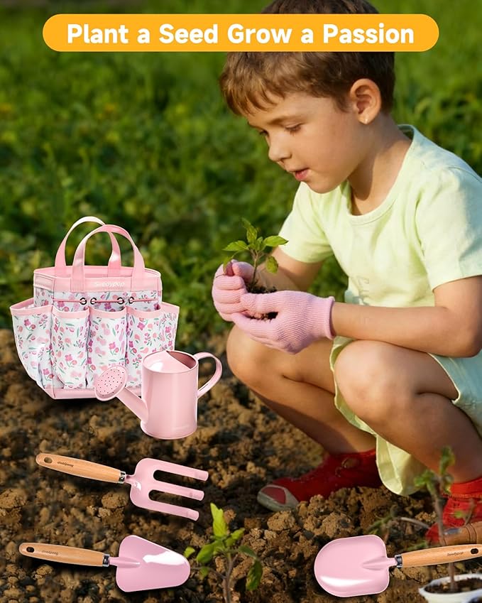 Kids Gardening Tool Set Toys - 8 Pieces Quality Garden Kit for Toddlers &amp Kids with Shovels Rake Watering Can Hat Apron Gloves &amp Storage Bag (Pink Flower)