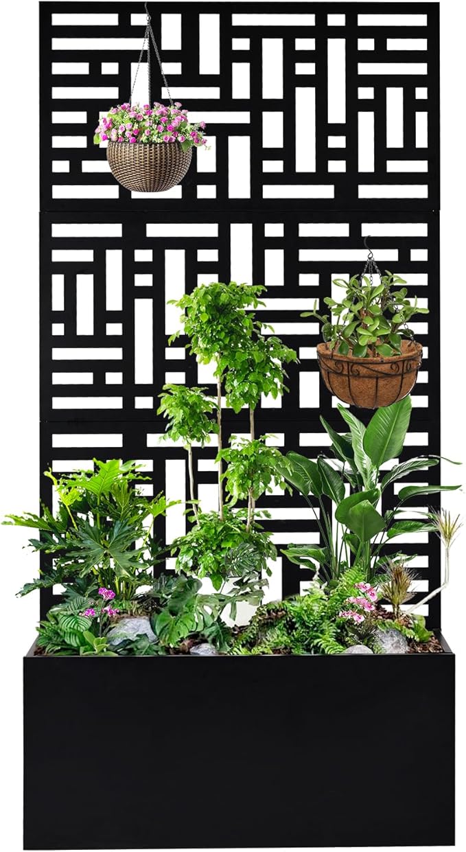 Vasitelan Metal Raised Garden Bed with Trellis Metal Planter Box with Trellis Garden Box for Climbing Plants Vegetable 35.8''Lx16''Wx70.5''H Garden Bed with Drainage Holes