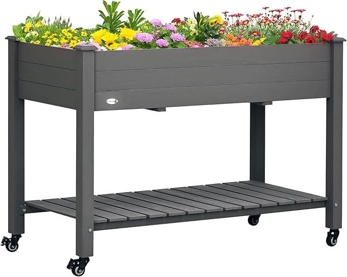 Outsunny Raised Garden Bed 47 x 22 x 33 Elevated Wooden Planter Box w/Lockable Wheels Storage Shelf and Bed Liner for Backyard Patio Dark Gray