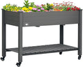 Outsunny Raised Garden Bed 47 x 22 x 33 Elevated Wooden Planter Box w/Lockable Wheels Storage Shelf and Bed Liner for Backyard Patio Dark Gray
