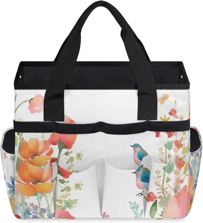 Garden Tool BagFloral Spring Flowers Bird Gardening Organizer Bag With Pockets Garden Tool Kit Storage Tote for Women Men Garden Tool Set Holder