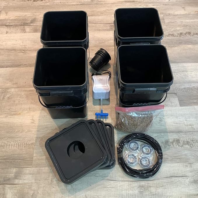 Deep Water Culture DWC Hydroponic Bubbler Buckets 5 Gallon 4 Site with Air Pump and Air Stones