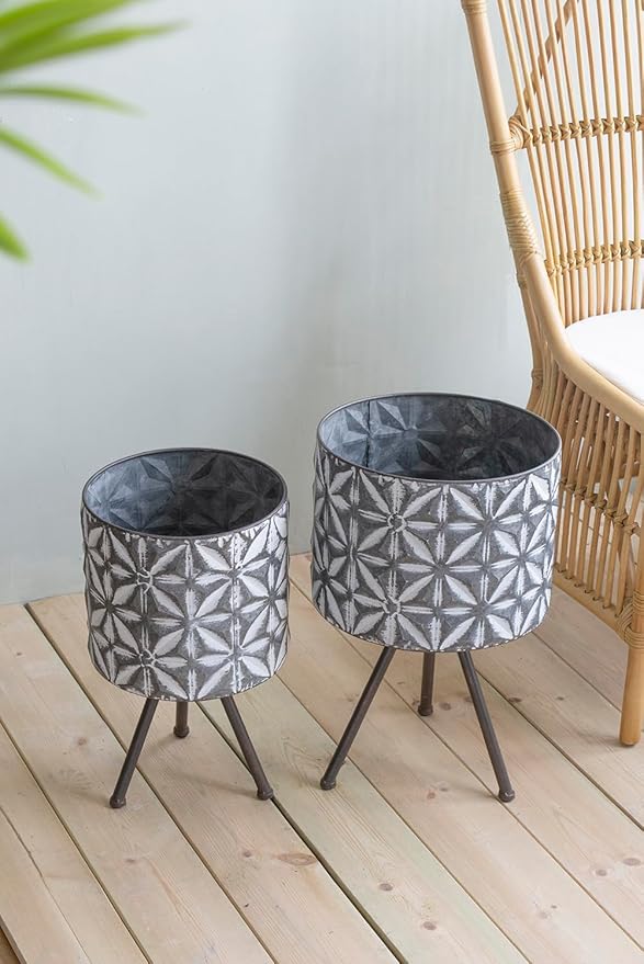 Set of 2 Metal Planter StandRound Galvanized Grey Farmhouse Planter