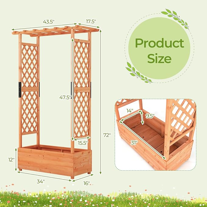 Moccha Raised Garden Bed with Trellis Set of 2 Wood Garden Planter with Hanging Roof Drainage Holes Freestanding Elevated Planter Box for Climbing Plants Vines Flowers 43.5 x 17.5 x 72