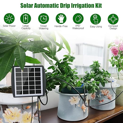 Solar Automatic Drip Irrigation Kit System JIYANG Solar Powered Auto Easy DIY Watering Device Supported Pots Plants 6 Timing Modes with Anti-Siphoning Device (Supported 10 Pots 6Timing Modes)