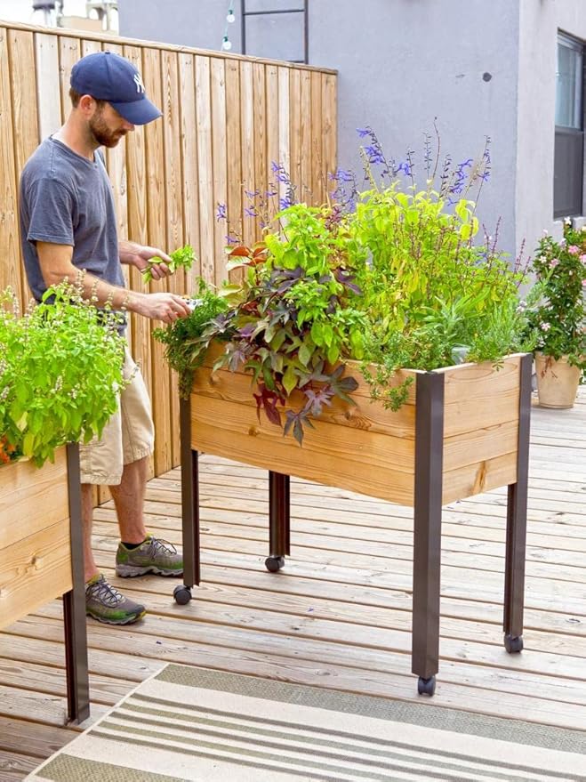 Gardener's Supply Company Raised Garden Bed Elevated Cedar Planter Box with Wheels | 39-1/2 L x 16-1/2 W x 32 H Rolling Planter for Outdoor Vegetables and Flower Gardening