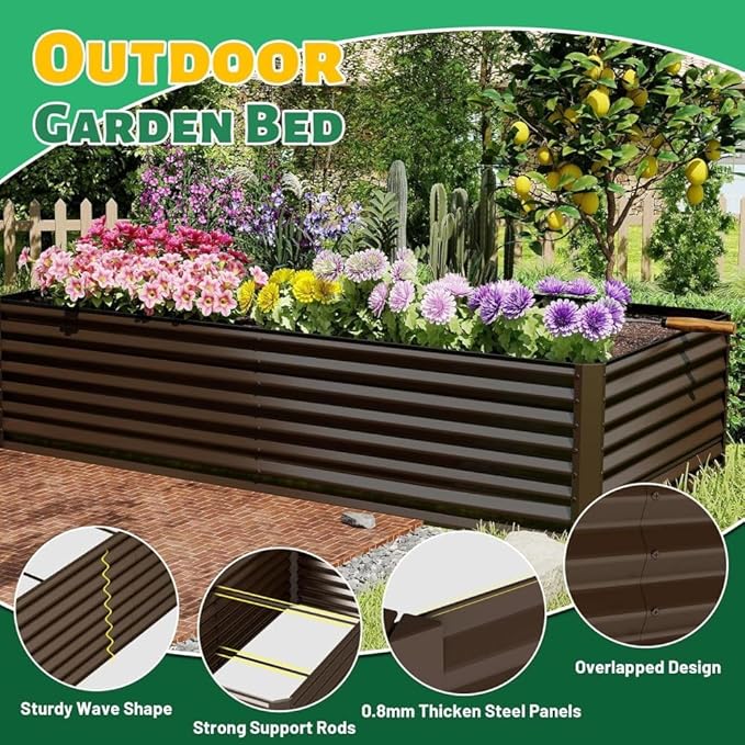 Heavy-Duty Galvanized Steel Raised Garden Bed for Outdoor Vegetable Fruit and Flower Planting – Rust-Resistant Metal Planter Box (Brown - 8x4x2 ft)