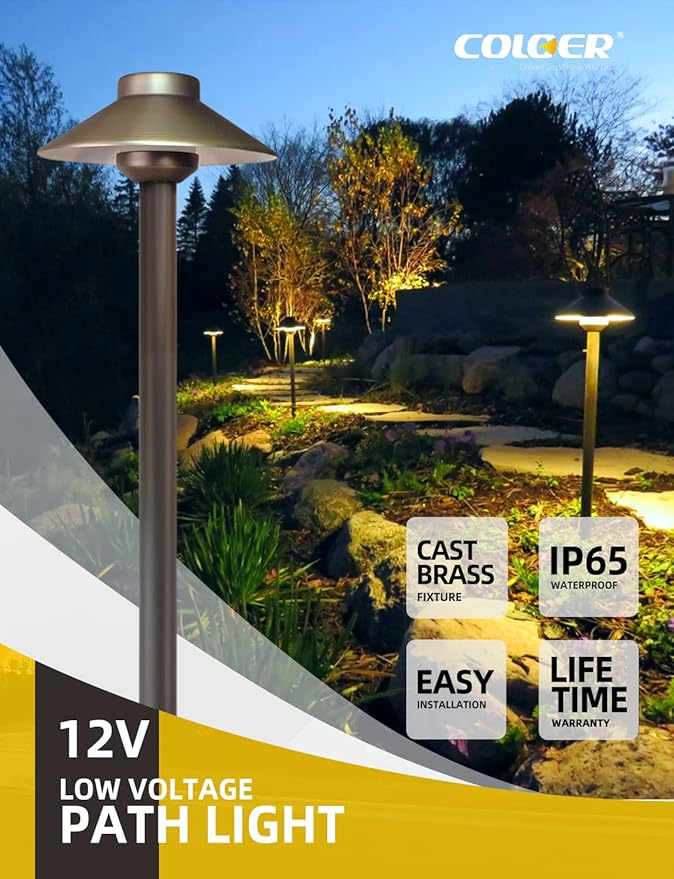 COLOER Brass Low Voltage Pathway Lights Outdoor 1-Pack with 2W LED G4 Bulb Garden Path Lights Electric IP65 Waterproof Outdoor Landscape Lighting Wired(602B)